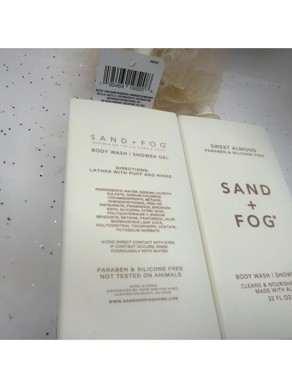 Sand + Fog Sweet Almond Body Wash 32oz 2 Pack Hydrating + Bonus Bath Sponge